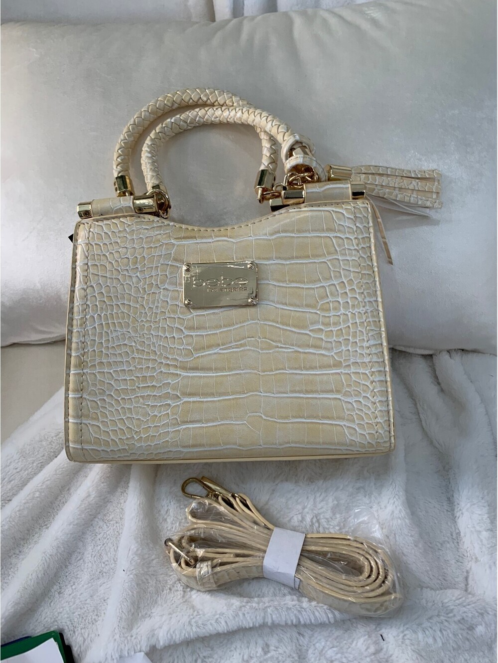 bebe Croc-Embossed Cream Structured Handbag Detachable strap